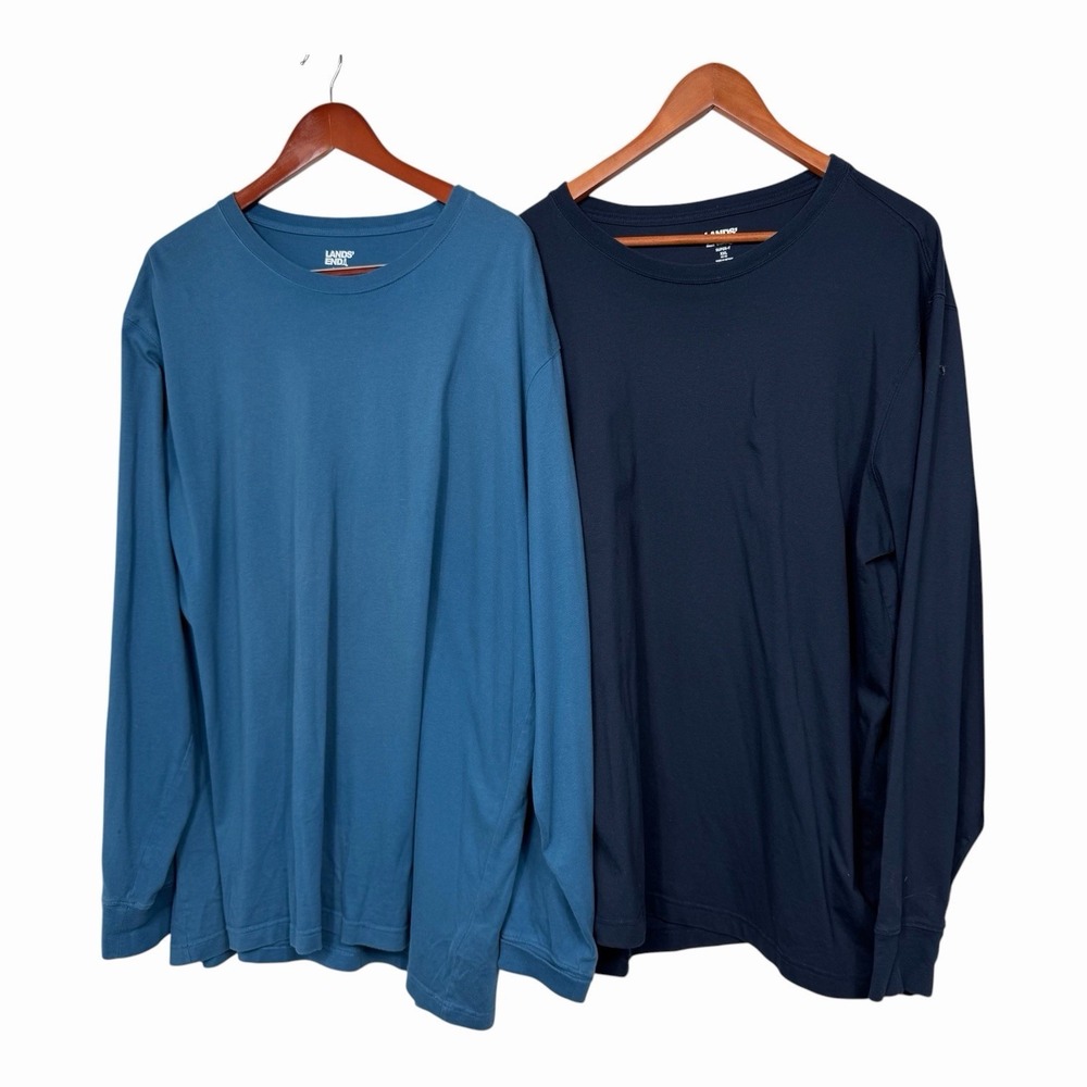 Lands End Super-T‎ Long Sleeve T Shirt Lot 2 Mens XXL Blue Navy Cotton Casual